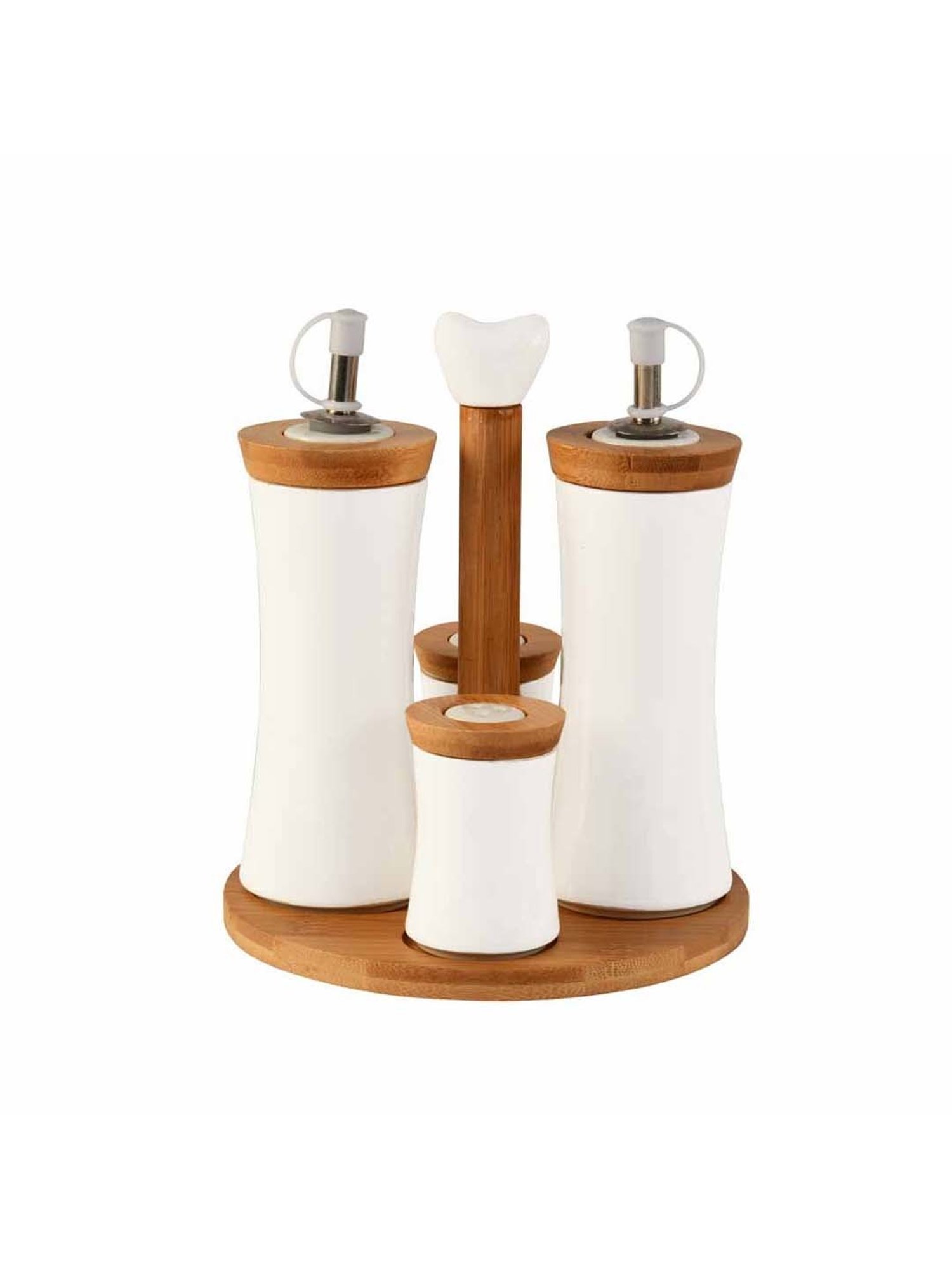 @Home White Ceramic 4Pcs Storage Container Set with Bamboo Base