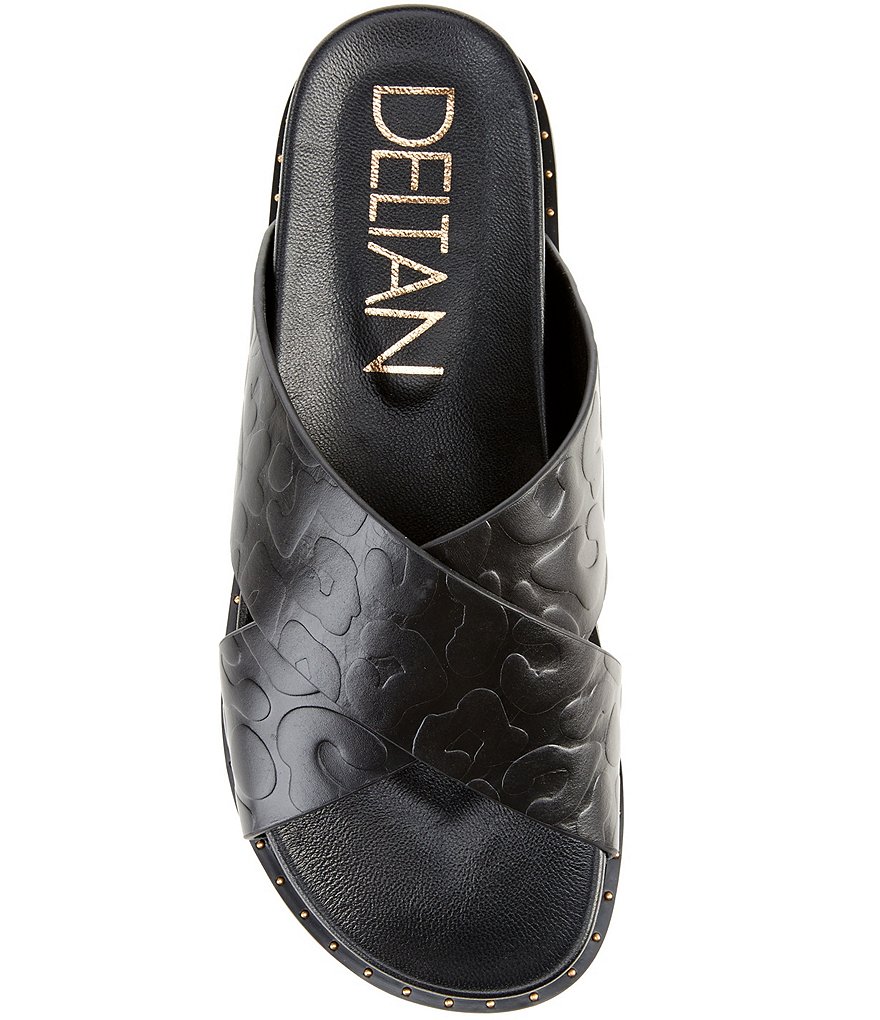 Deltan Nova Debossed Leopard Print Leather Cross Band Slides