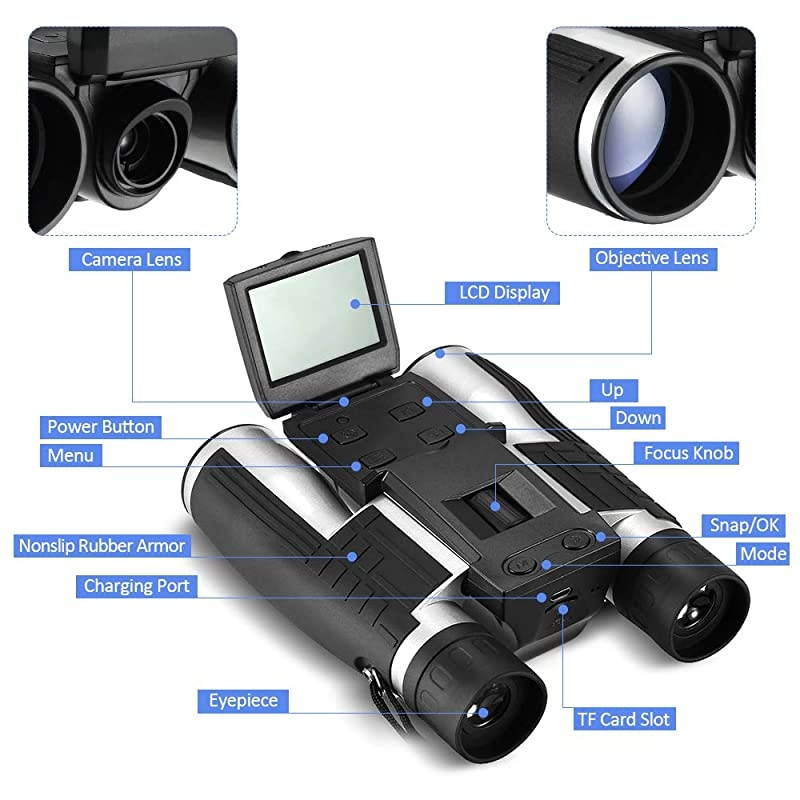 5M 2" LCD 16GB Digital Binocular with Camera 12X Zoom Video Photo Recorder Camcorder for Bird Watching Football Game Concert