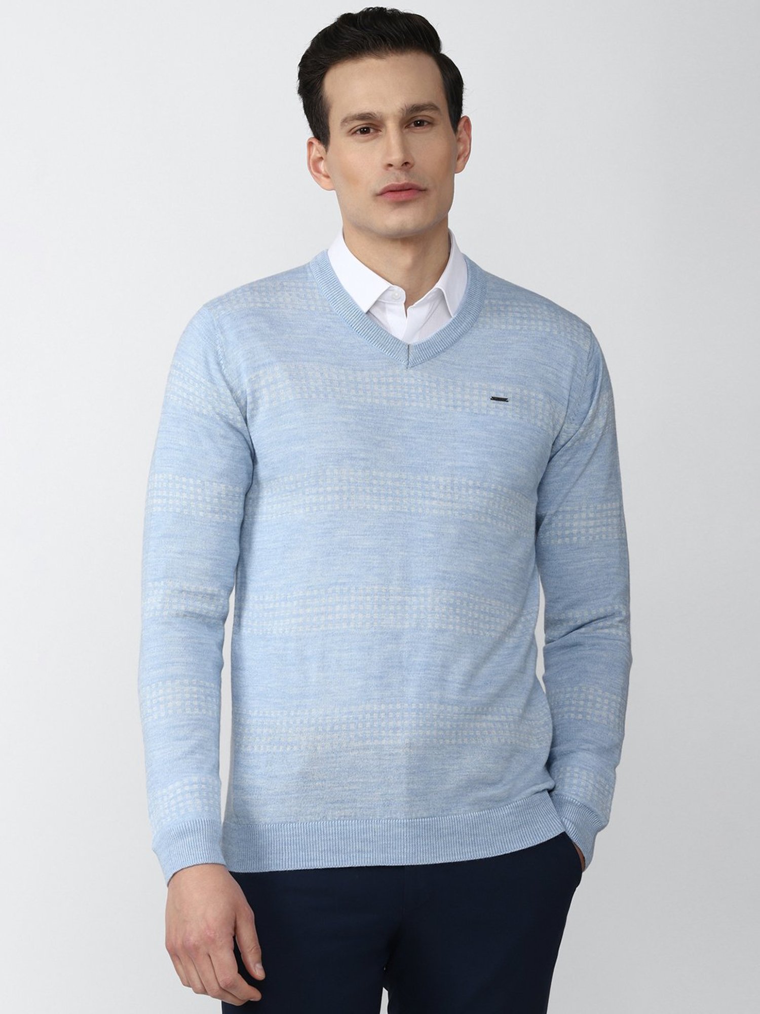 Van Heusen Sky Blue Striped V Neck Sweater