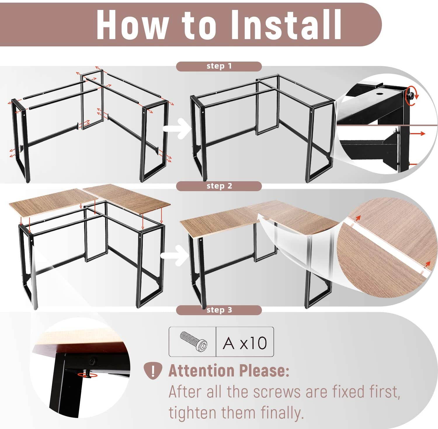 50.4'' Gaming PC Table L-Shaped Computer Desk Home Office Writing Desk with Cork Fixed Footrest Structure Corner Desk, 2-Piece, Brown