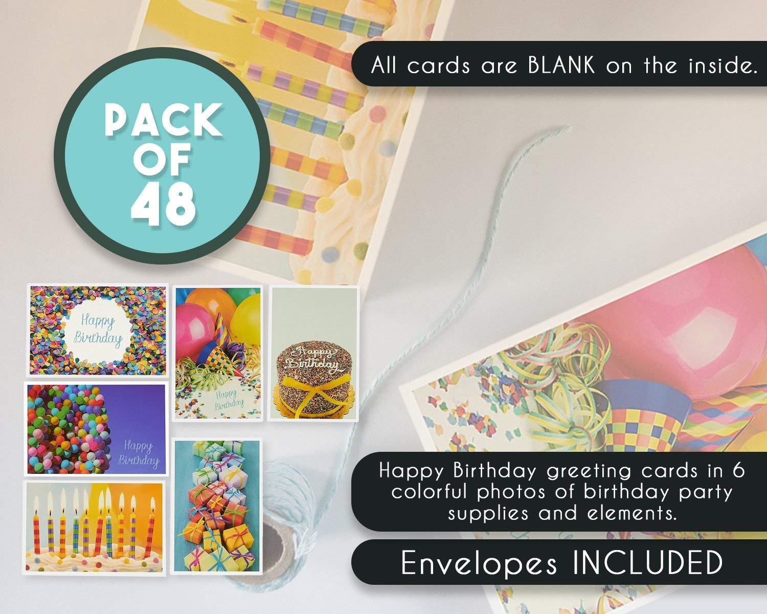 Birthday Card - 48-Pack Birthday Cards Box Set, Happy Birthday Cards - 6 Birthday Party Elements Designs Birthday Card Bulk, Envelopes Included, 4 x 6 Inches
