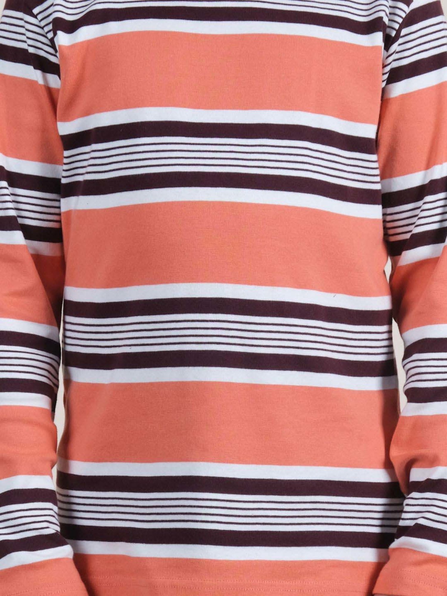 Kiddopanti Boys Orange & Black Cotton Striped Full Sleeves T-Shirts