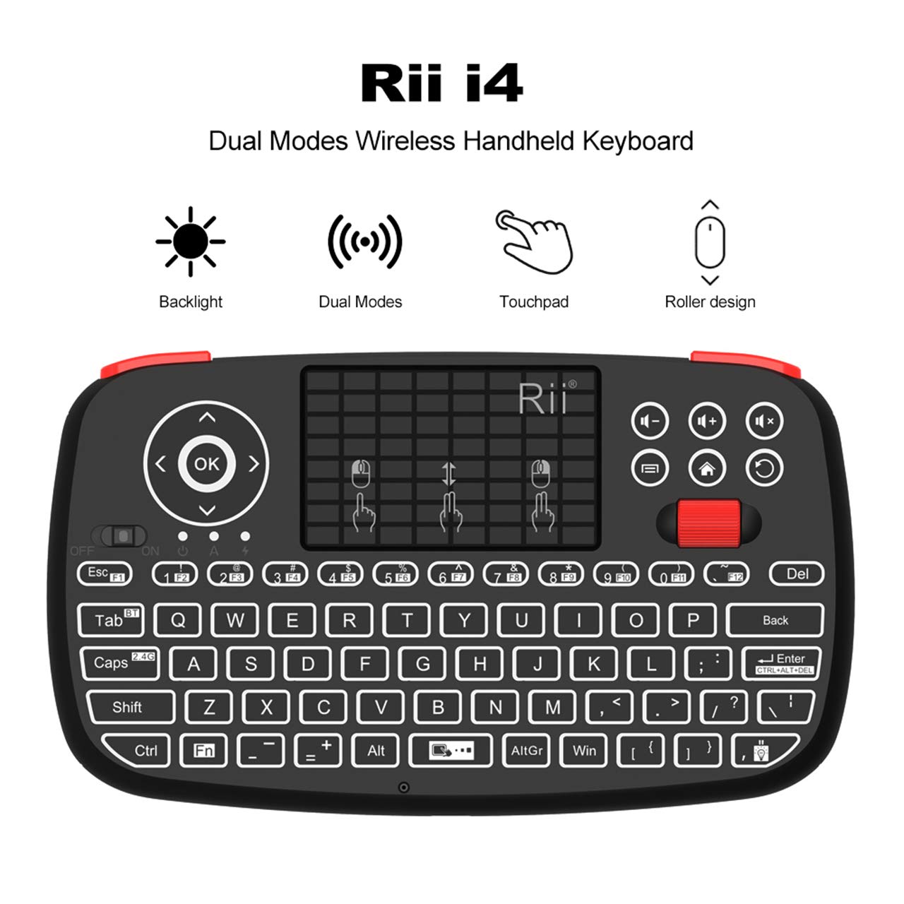 (2019 Upgrade) Rii i4 Mini Keyboard with Touchpad, Bluetooth + 2.4GHz USB Dongle for Smartphones, PC, Tablet, Laptop TV BOX