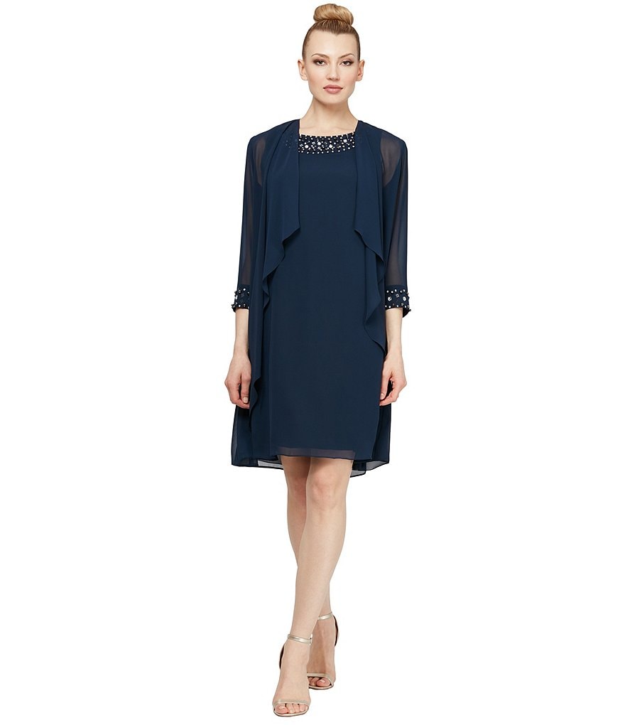 Kay Unger Long Bishop Sleeve V-Neck Crepe A-Line Dress