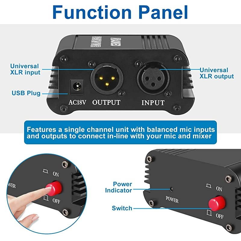 48V Phantom Power Supply Powered by USB Plug in Included with 8 feet USB Cable Bonus + XLR 3 Pin Microphone Cable for Any Condenser Microphone Music Recording Equipment