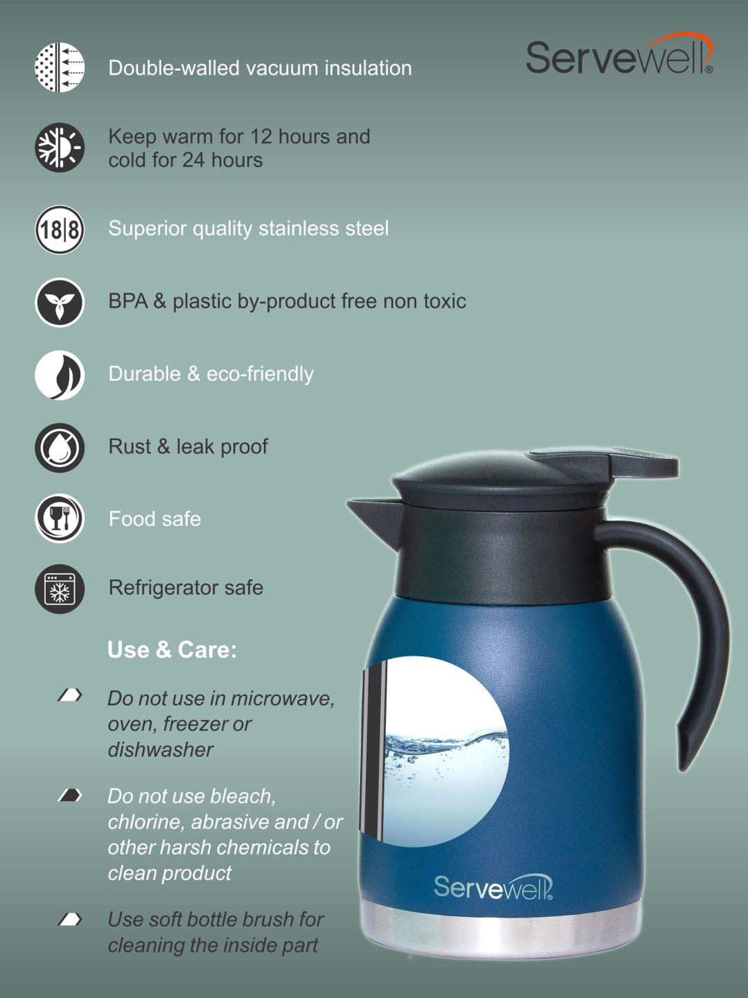 Servewell Navy Blue Steel Heron Ss Vacuum Jug (0.75 L)