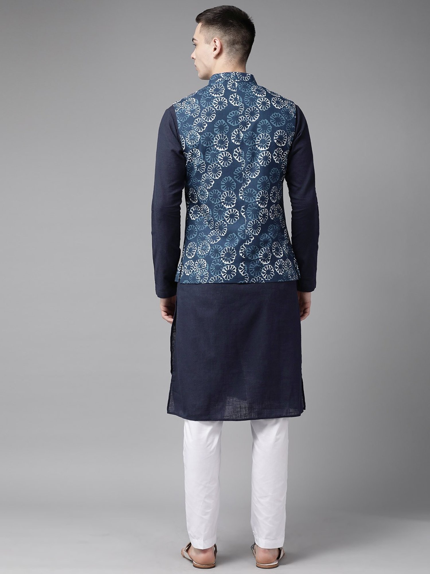 See Designs Blue Cotton Regular Fit Printed Nehru Jacket