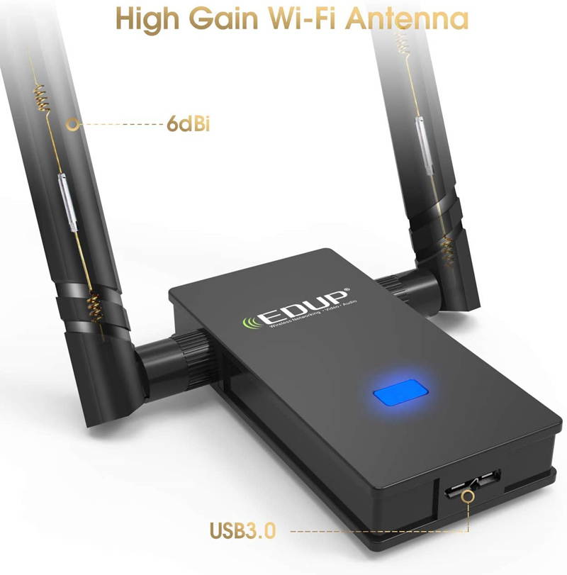 WiFi Adapter, USB 3.0 Wireless Adapter 802.11AC 1200Mbps Dual Band with 2.4G/5.8G 6DBI External Dual Antennas for PC Desktop Mac Windows