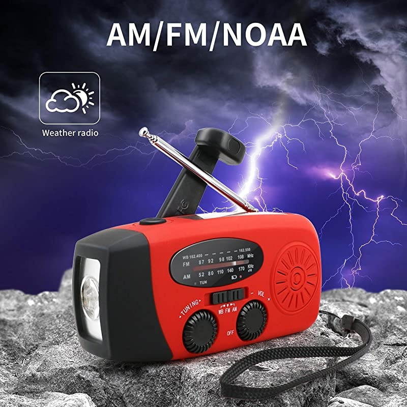 Hand Crank Radio Portable Self Powered AMFMNOAA Solar Wind Up Weather Radio with LED Flashlight USB Rechargeable 1000mAh Power Bank for Cell Phone Charger Red