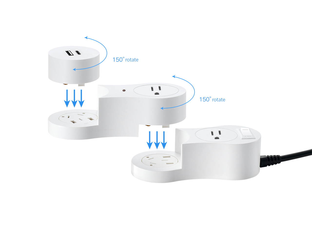 EDu Pivot Smart Power Strip Samrt Charger Five Smart Sockets Work with Amazon Alexa / Echo/ Dot / Tap, Smart Power Strip No Hub Required,with Ordinary Head Module 3xSmart module USB charging Module
