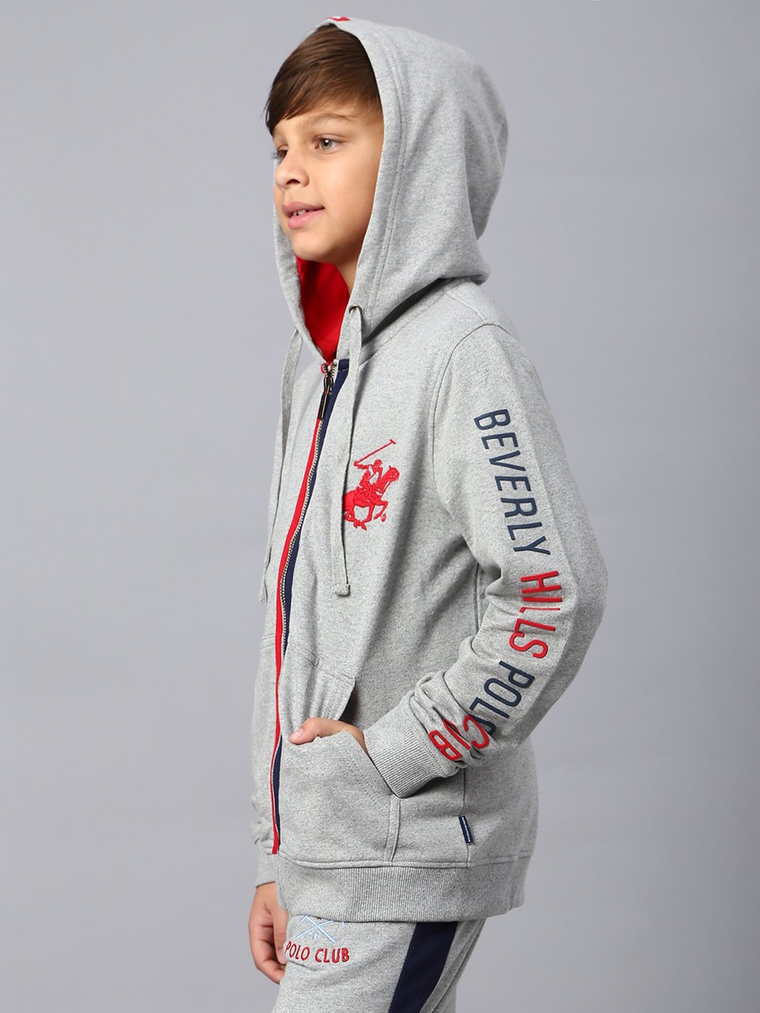 Beverly Hills Polo Club Kids Grey Textured Full Sleeves Hoodie
