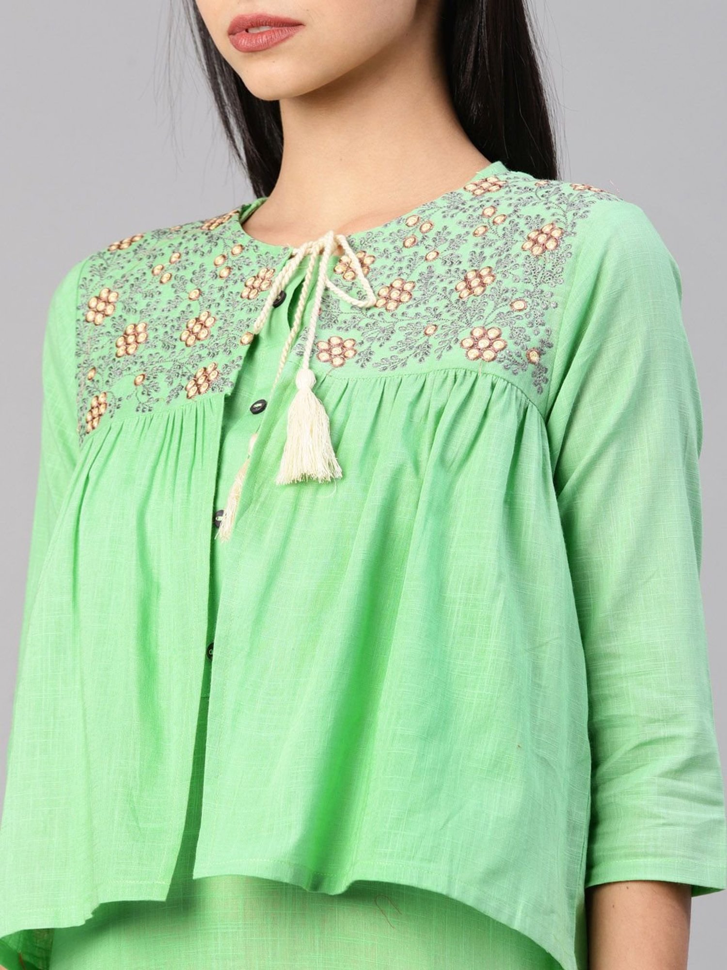 Alena Green Cotton Embroidered Straight Kurta