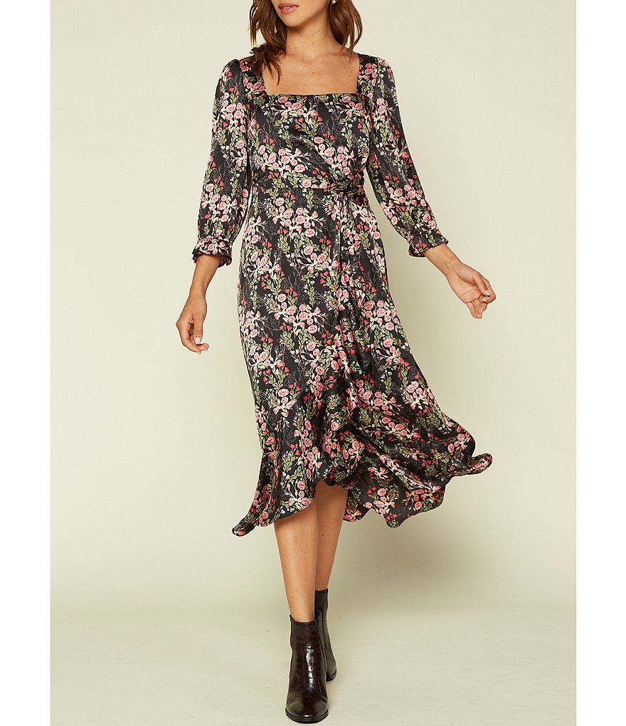 Skies Are Blue Floral Print Square Neck 3/4 Sleeve Front Knot Detail Flounce Hem Midi Dress