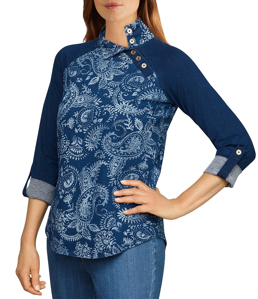 Ruby Rd. Paisley Print French Terry Side Button Mock Neck 3/4 Roll-Tab Sleeve Top