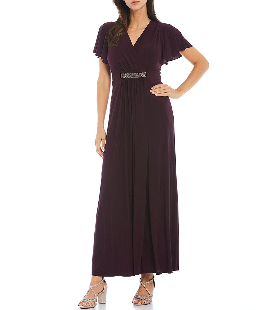 Jkara Petite Size 3/4 Sleeve Lined Illusion Crew Neck Beaded Gown