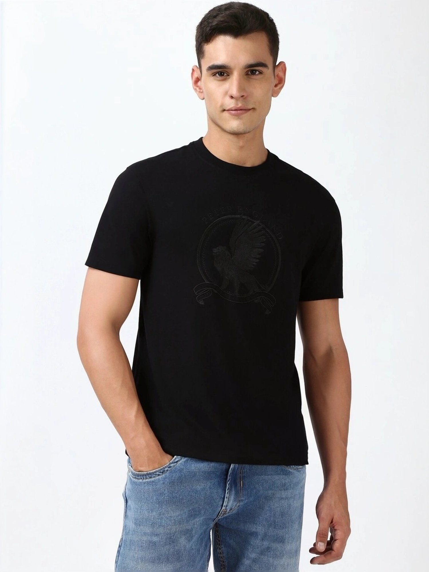Peter England Black Regular Fit Printed T-Shirt