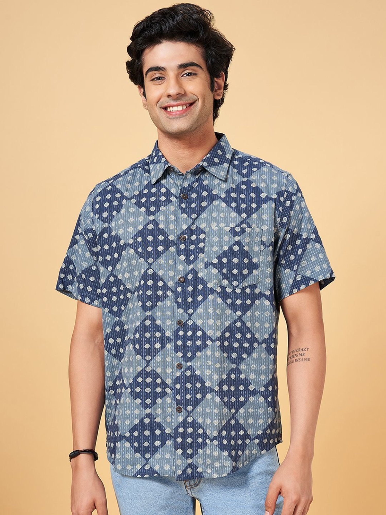 Indus Route by Pantaloons Navy Cotton Regular Fit Printed Shirt