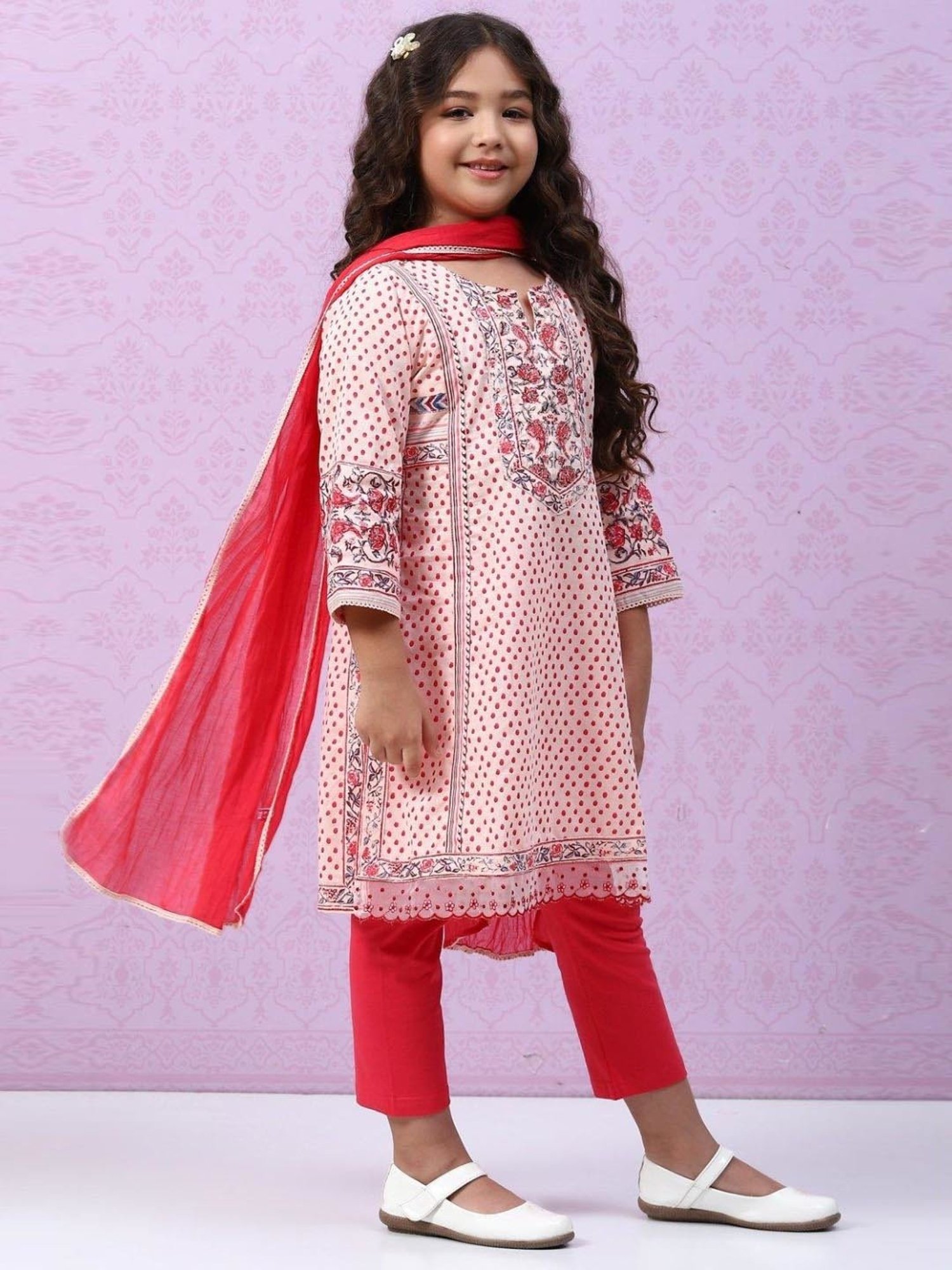Biba Kids Peach & Red Cotton Printed Kurta Set