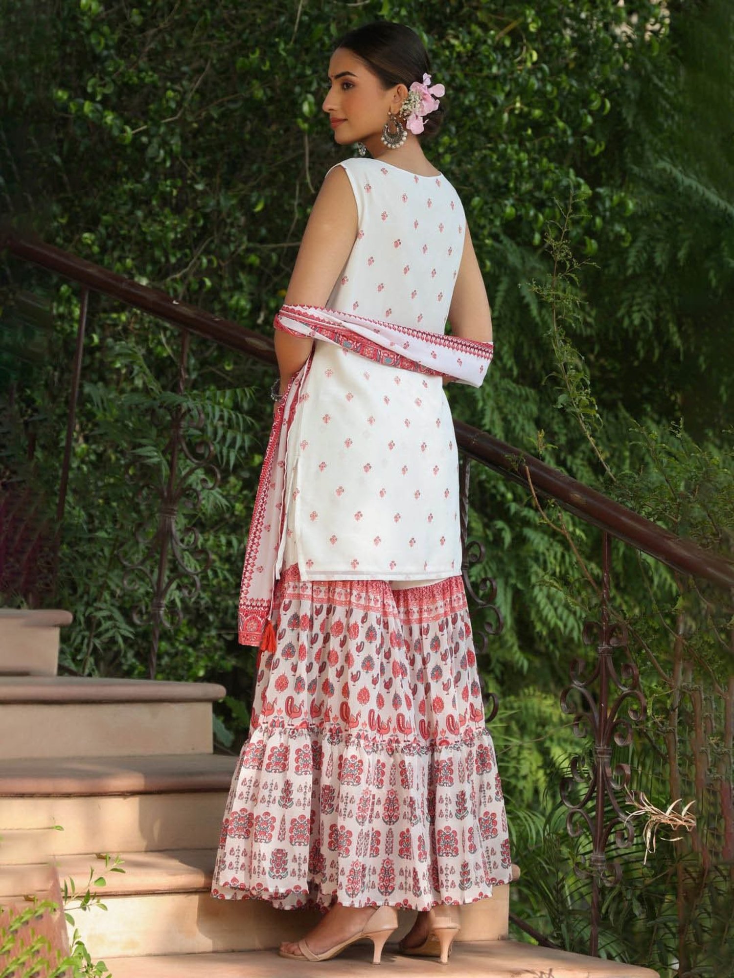 Juniper Maroon Ethnic Motif Print Georgette Kurta Sharara & Dupatta Set With Thread Work Embroidery