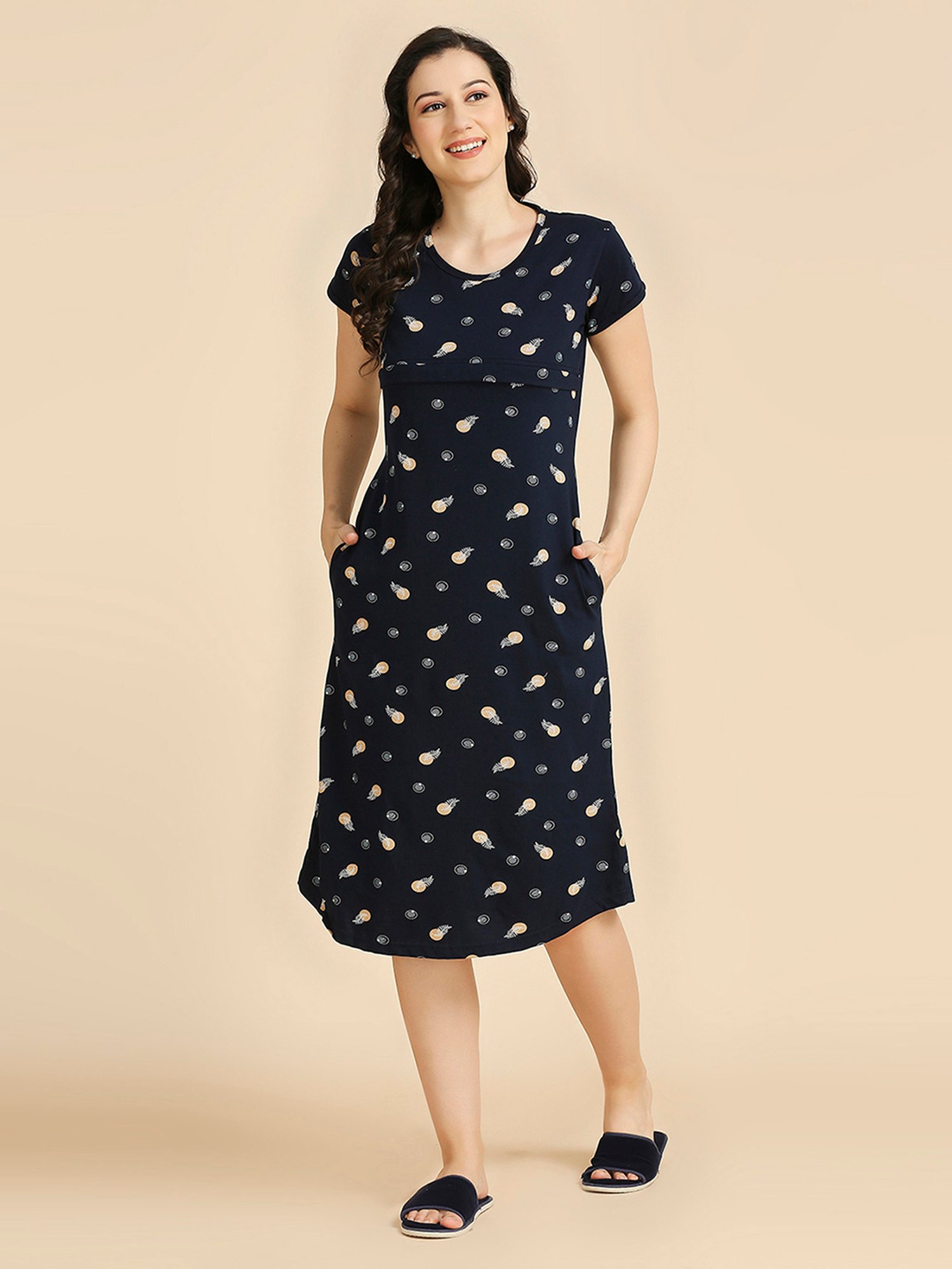 MomToBe Blue Cotton Printed Feeding Nighty