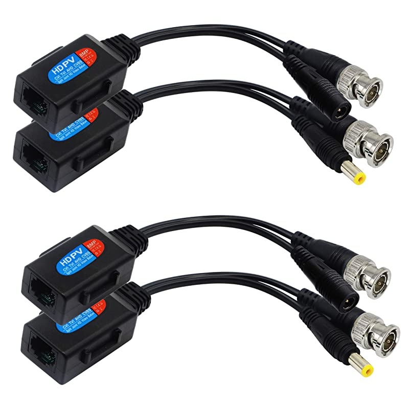 Balun HD Cat5 RJ45 to BNC Video Baluns transceiver Passive with Power Connector for 720P 1080P 3MP 4MP 5MP 8MP HD-CVI/TVI/AHD/CVBS/960H Camera(2 Pairs)