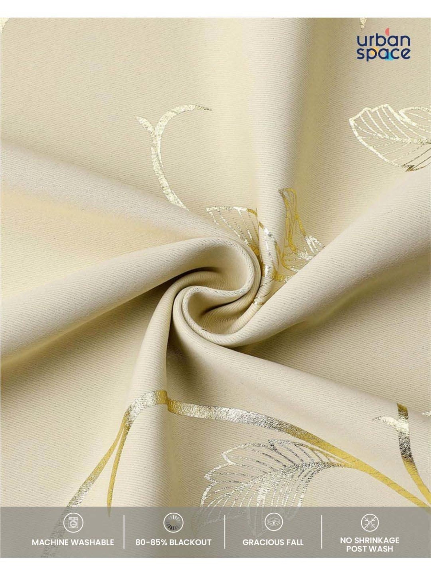 Urban Space Gold Leaf Beige Polyester Printed Black Out Window Curtain