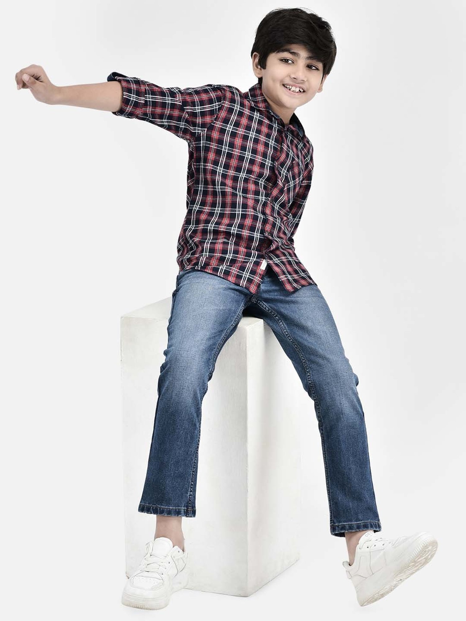 Crimsoune Club Kids Red & Navy Cotton Chequered Full Sleeves Shirt