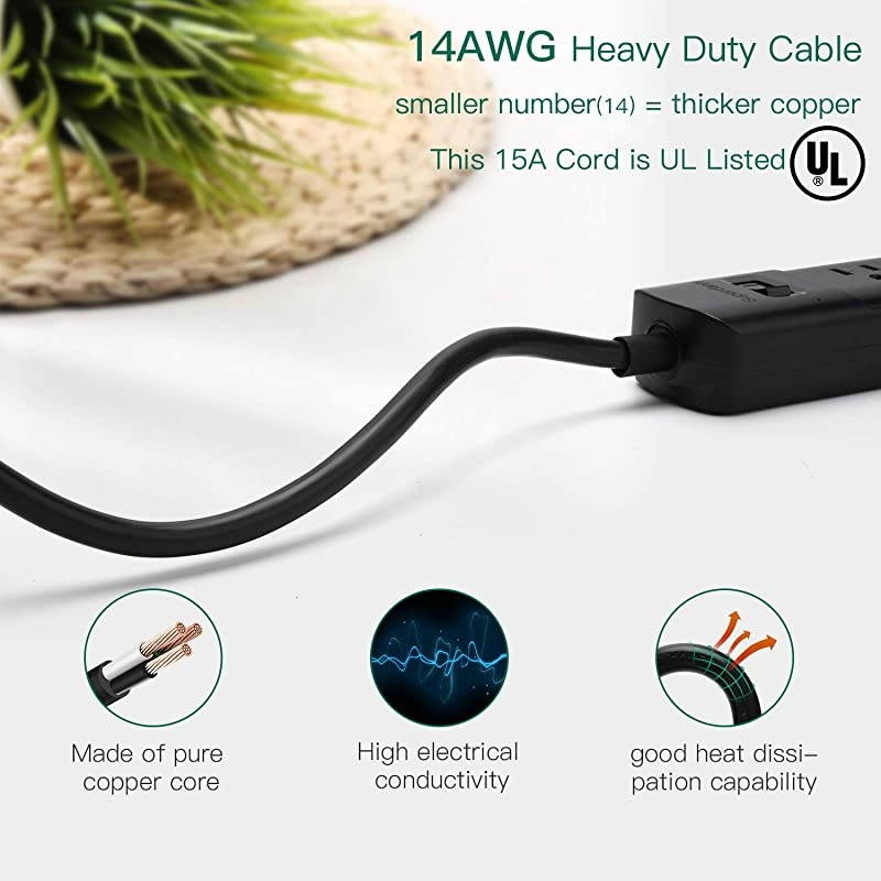 ETL Approval 2100J Surge Protector Power Strip with USB  Mountable Angled Flat Plug 5ft Extension Cord 6 Outlets 3 USB Slots for iPhone iPad Desktop Computer Home Office Kitchen Black