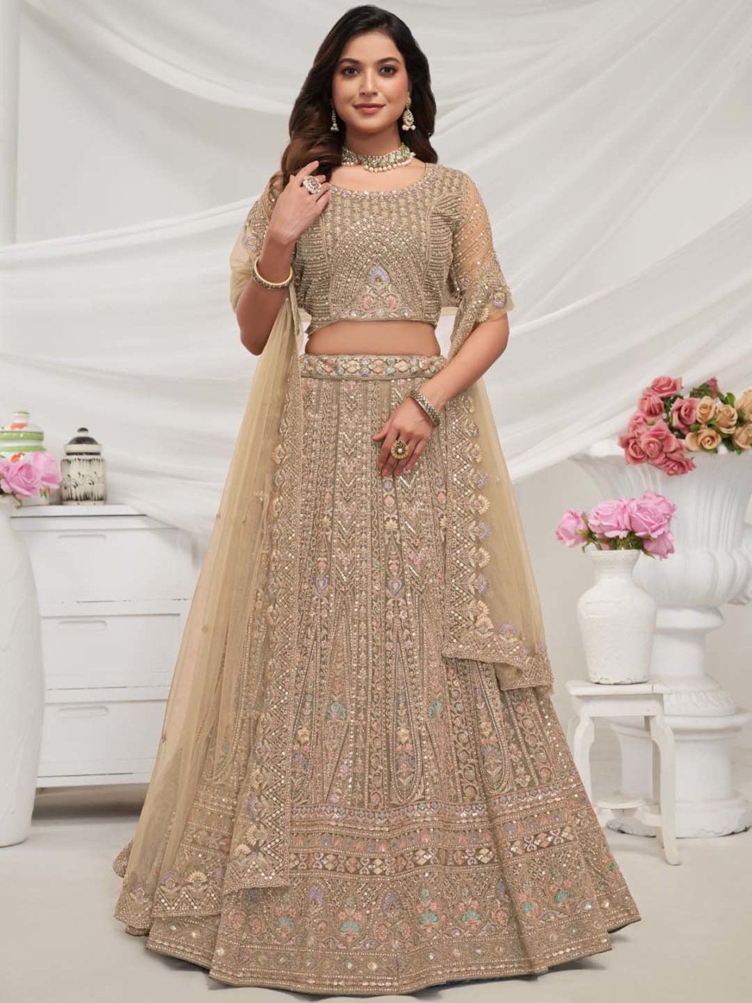 Odette Beige Embroidered Lehenga Choli Set With Dupatta