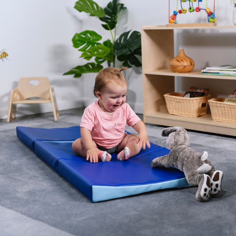 ECR4Kids SoftZone Baby Roll and Crawl Mat for Infants - 3-Piece Connecting Mat for Activity and Tummy Time, Blue