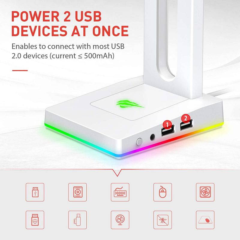 Havit RGB Headphones Stand with 3.5mm AUX and 2 USB Ports, Headphone Holder for Gamers Gaming PC Accessories Desk (White)
