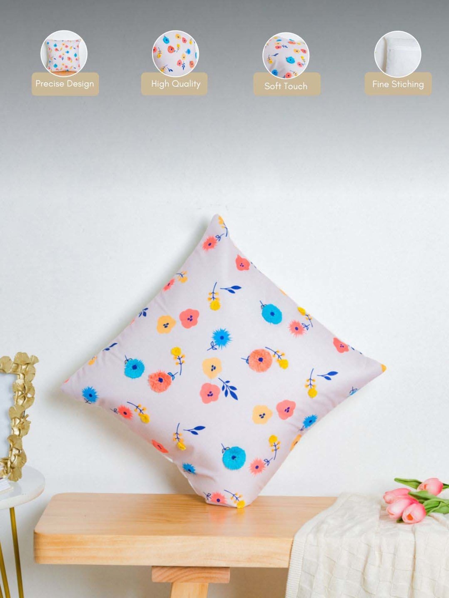 Nestasia Multicolor Square Hand Embroidered blooms velvet Cushion Cover for Bedroom(16 x 16")