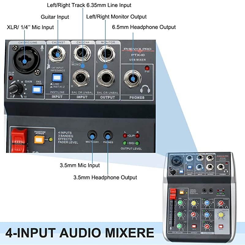 USB Audio Interface Mixer 4Channel 3Band EQ Echo Effects Audio Mixer with Interface to PC for Music Recording Ideal for Live Streaming Recording PTX10