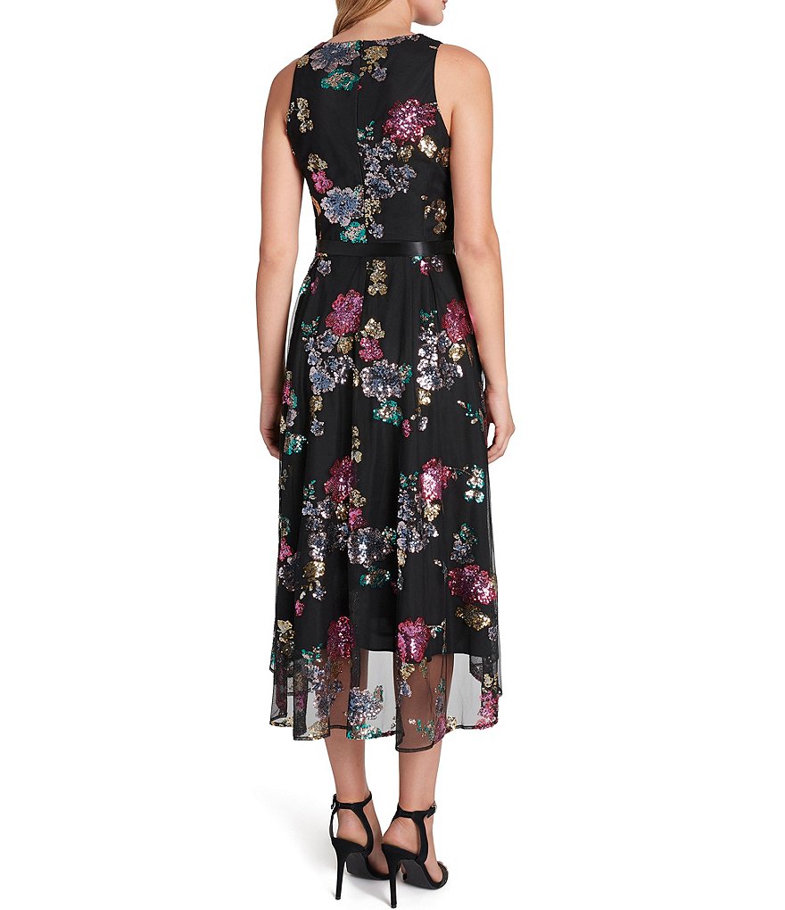 Tahari ASL Jewel Neck Sleeveless Floral Sequined Lace Cutaway Shoulder Tie Waist Midi Dress