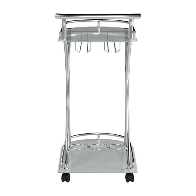 Coaster Home Furnishings 2 Glass Shelves Portable Serving Cart with Built In Stemware Rack and Bottle Storage, Chrome and White