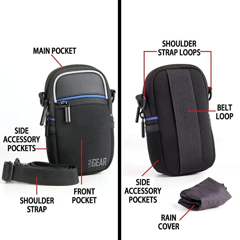 Compact Camera Case Black Point and Shoot Camera Bag with Accessory Pockets Rain Cover and Shoulder Strap Compatible with Sony CyberShot Canon PowerShot ELPH Nikon COOLPIX and More