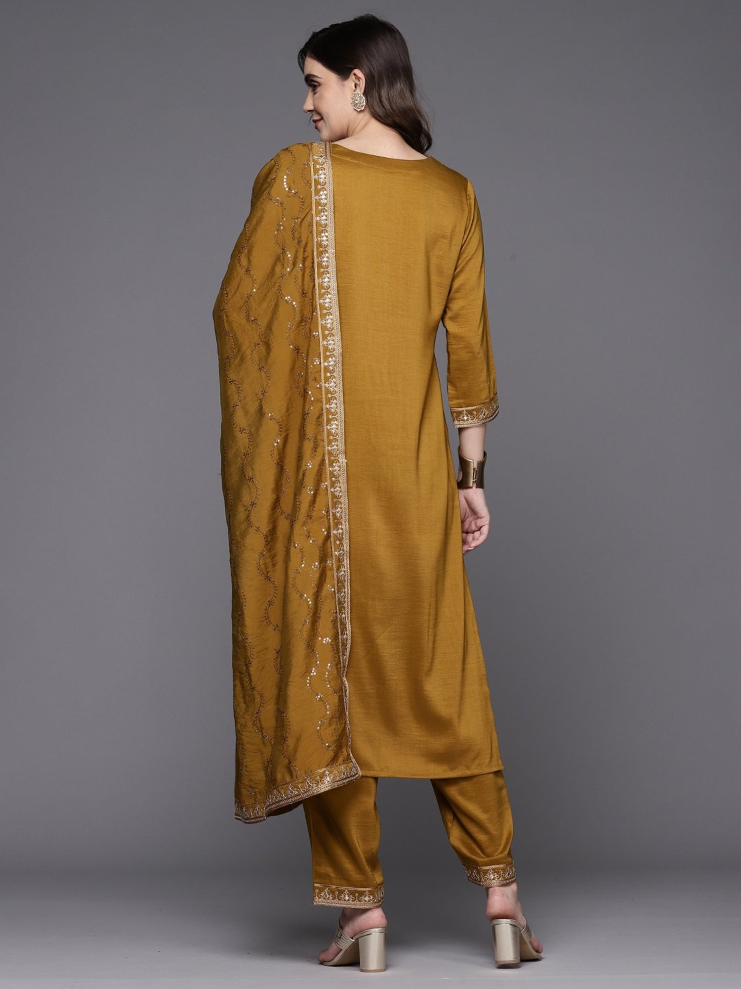 Indo Era Mustard Embroidered Kurta Pant Set With Dupatta