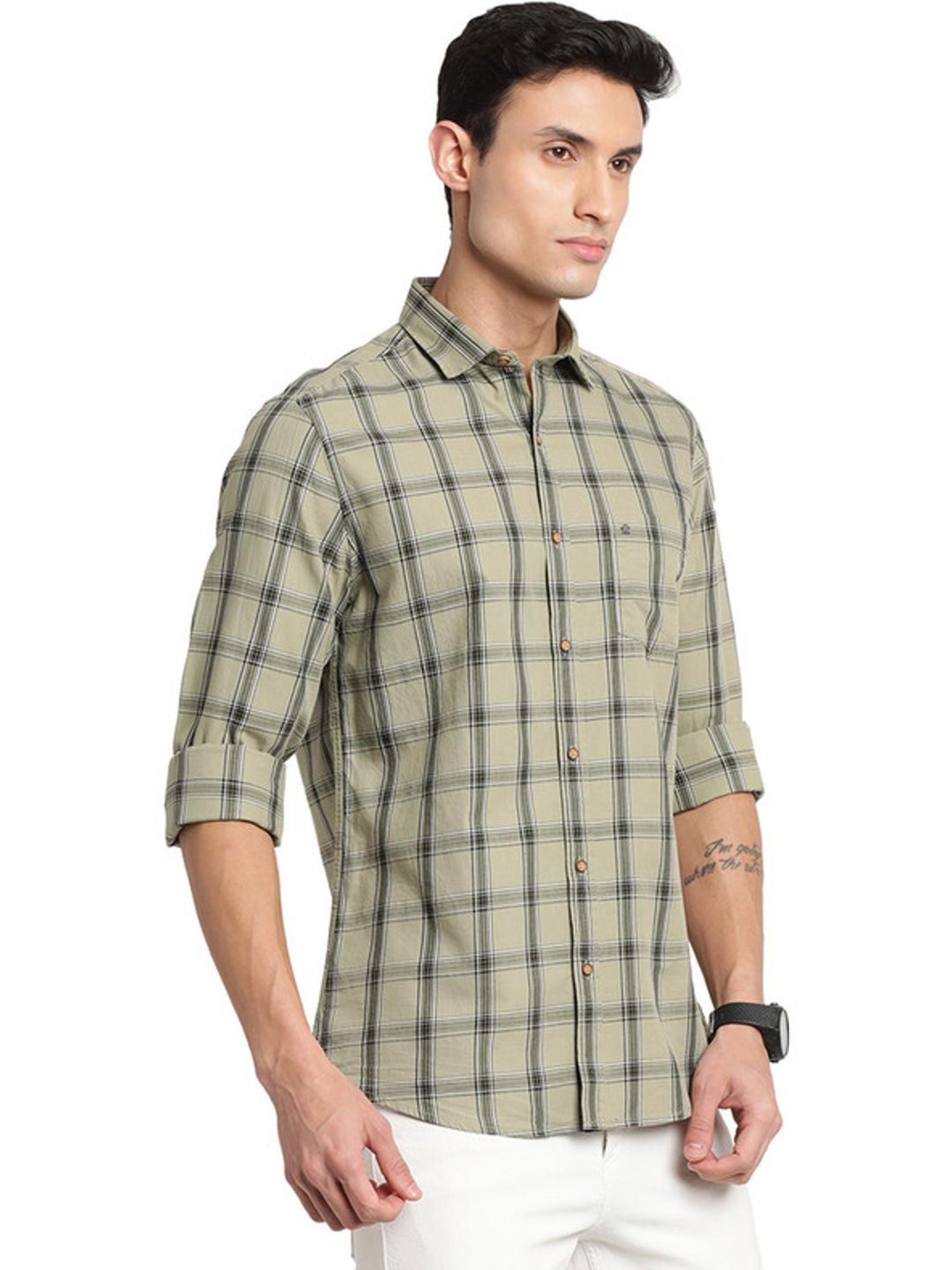 Turtle Sage Green Cotton Slim Fit Checks Shirt