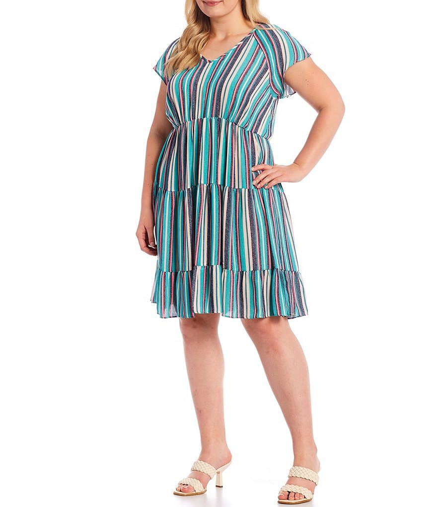 Maison Tara Plus Size V-Neck Raglan Short Sleeve Striped Textured Woven Tiered A-Line Dress