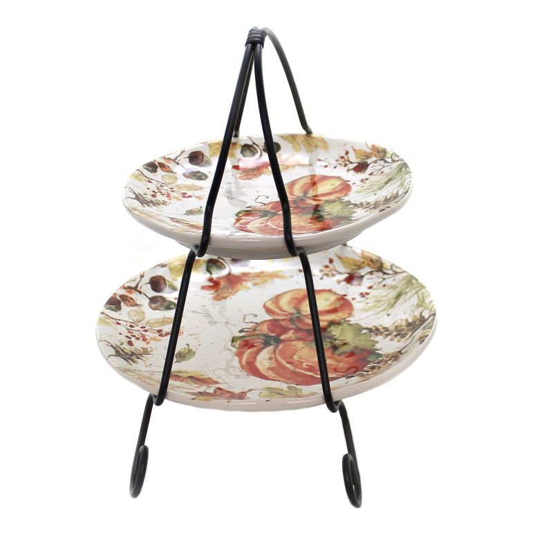Tabletop 10.25" Harvest Splash 2 Tier Server Thanksgiving Fall Pumpkins Certified International  -  Serving Platters