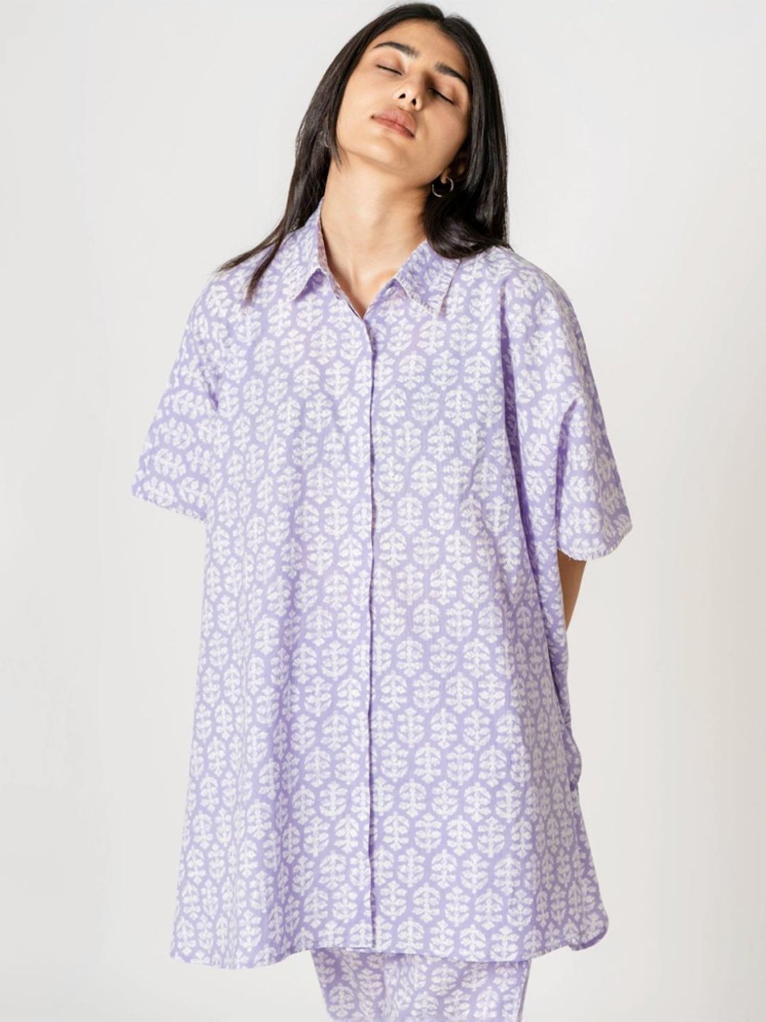 Kameez by Pooja Pale Lilac Capsule 24 Hand Print Cotton Kaftan and Pant Co-ord Set