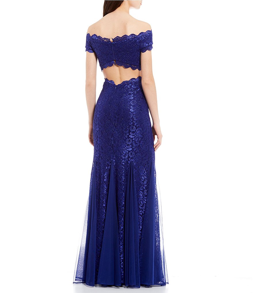 Morgan & Co. Scalloped Off-the-Shoulder Lace Trumpet Long Dress