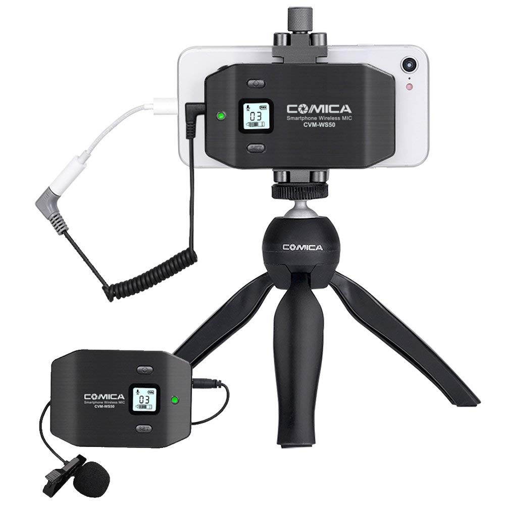Comica CVM-WS50(C) Wireless Smart Phone Lavalier Microphone System, with UHF 6 Channels, 194FT Wireless Range, Built-in Chargable Battery, Microphone for iPhone Samsung Huawei and More