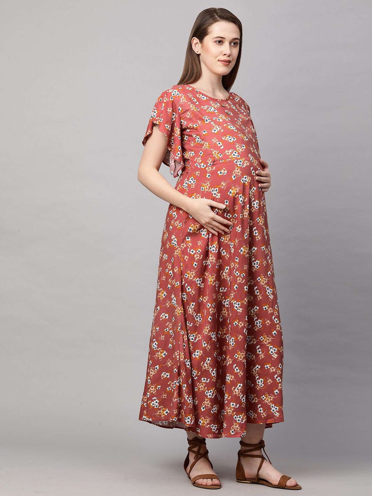 MomToBe Orange Floral Print Maternity Dress