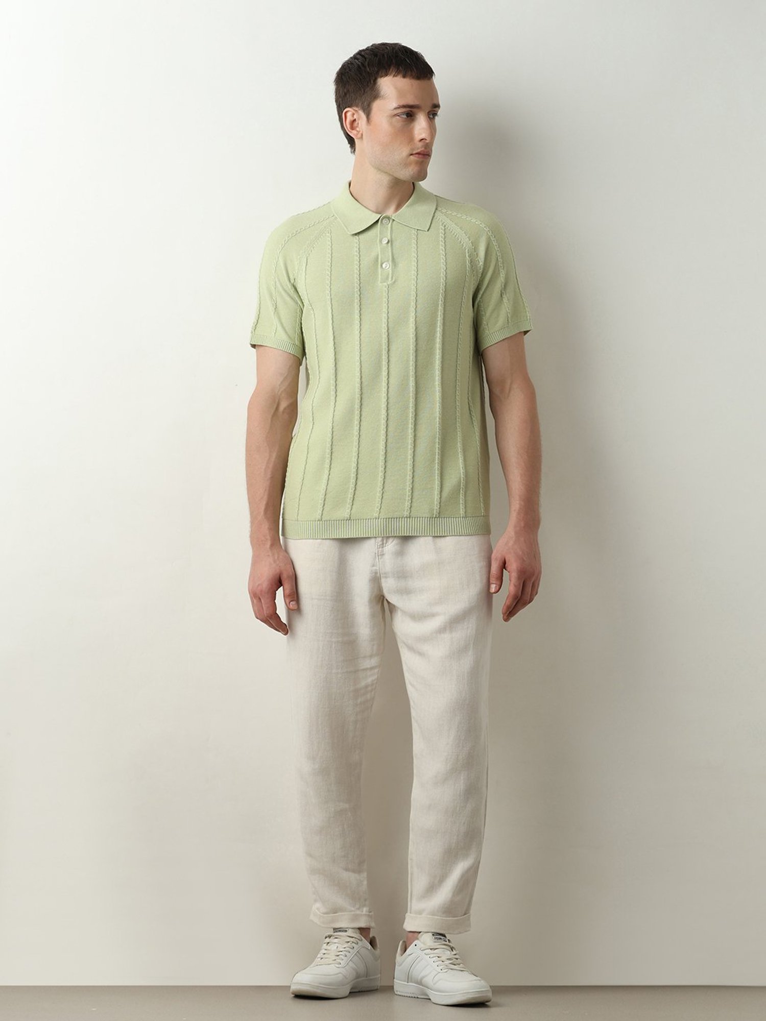 SELECTED HOMME Green Slim Fit Self Design Cotton Polo T-Shirt