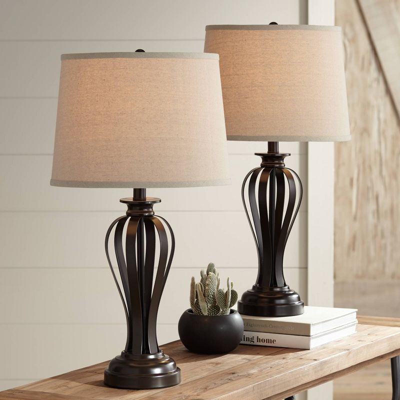 Regency Hill Modern Table Lamps Set of 2 Open Profile Bronze Fabric Drum Shade for Living Room Bedroom Bedside Nightstand Office