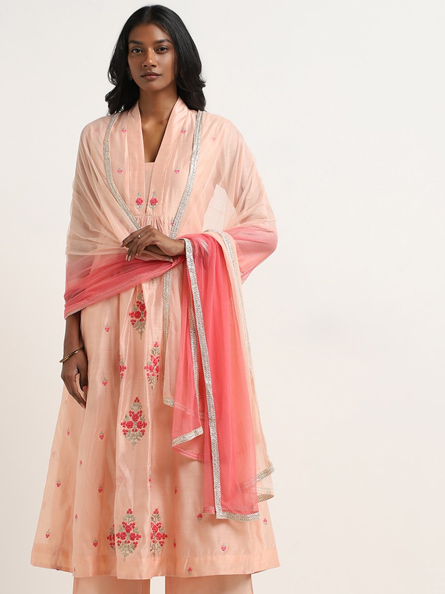 Vark by Westside Peach Floral Embroidered Kurta, Palazzos & Dupatta Set