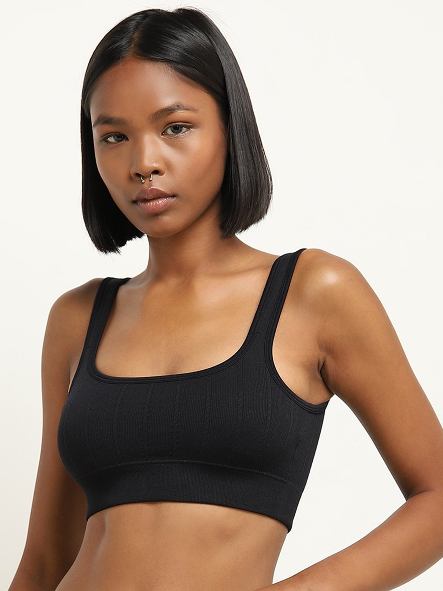 Superstar by Westside Black Ribbed Textured Seamfree Sports Bra
