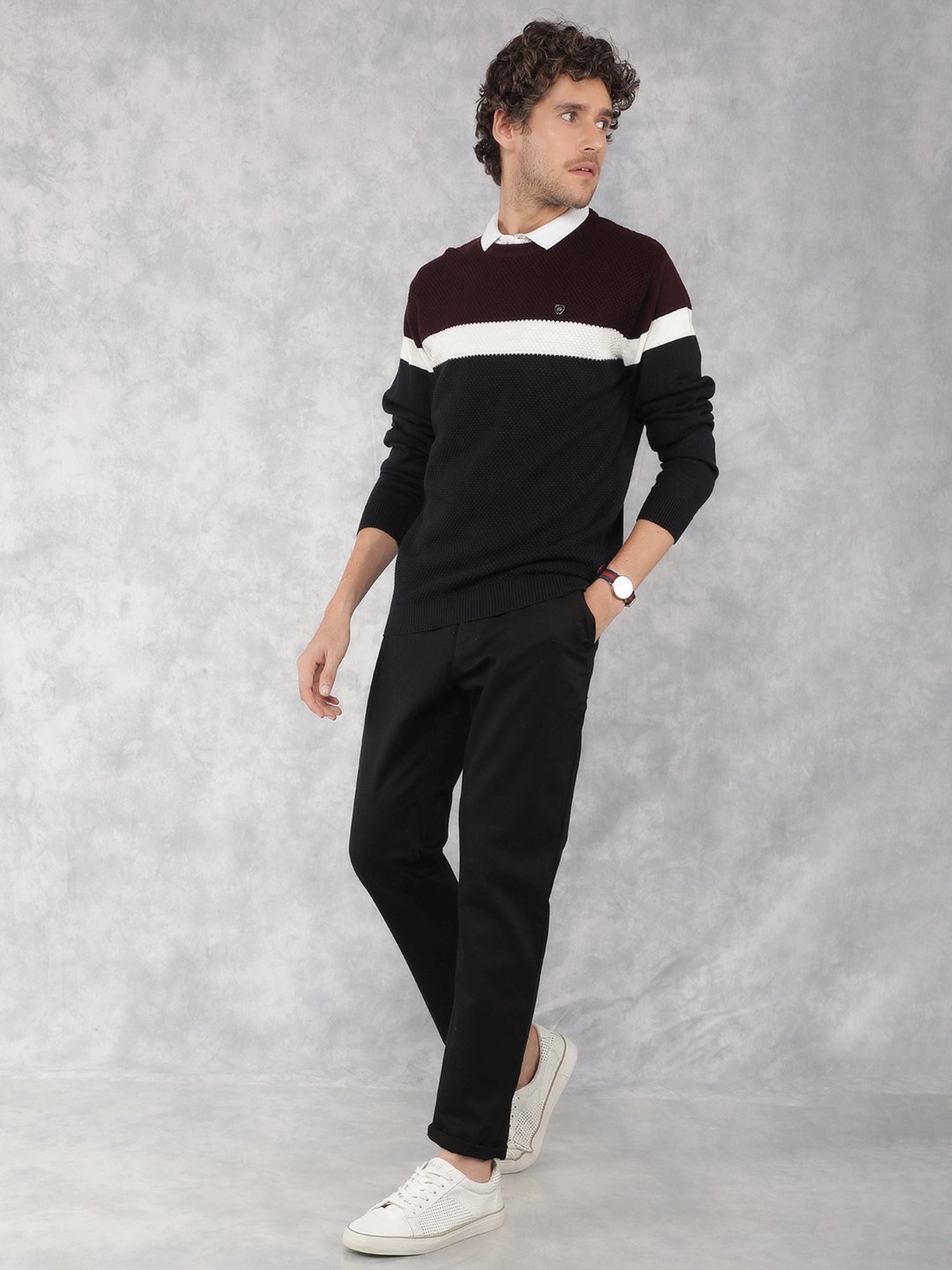 Crimsoune Club Wine Cotton Regular Fit Colour Block Sweater